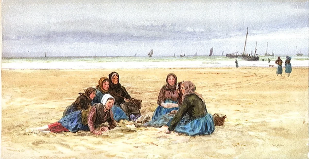 Painting of fisherwomen on a beach