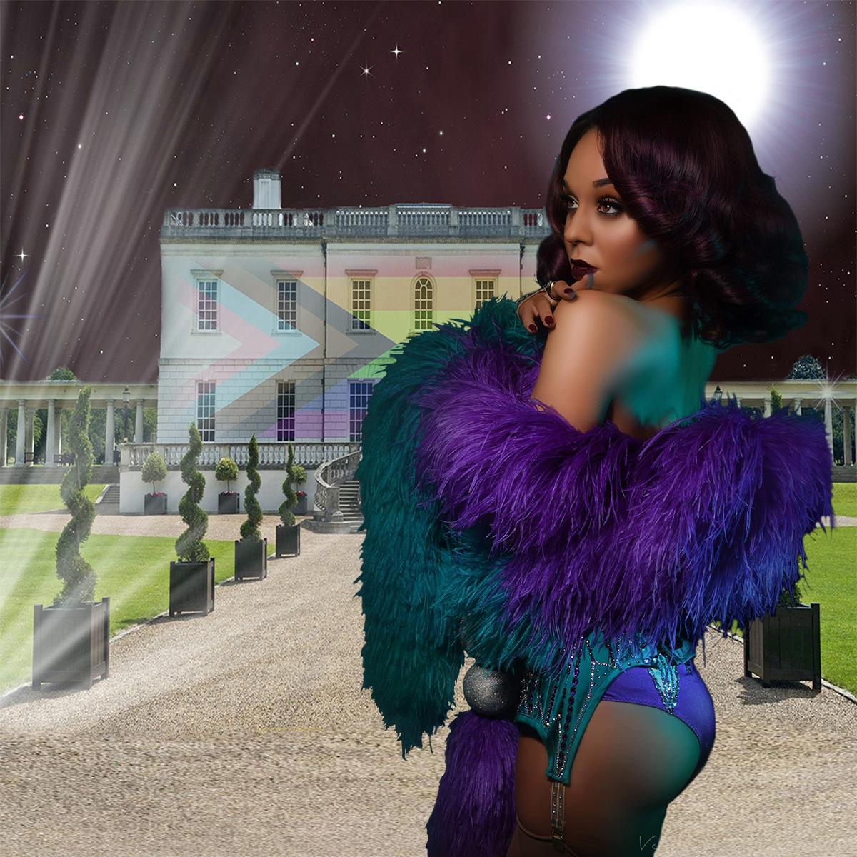 Demi Noire stands in front of the Queen's House that is illuminated with the Progress Pride flag, she wears a purple and green feather bower that is draped across her shoulder. 
