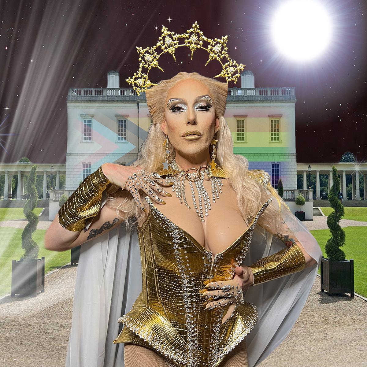 Dita Garbo stands majestically in front of the Queen's House wearing a gold corset and adorned with a crescent shaped gold crown and opulent necklace