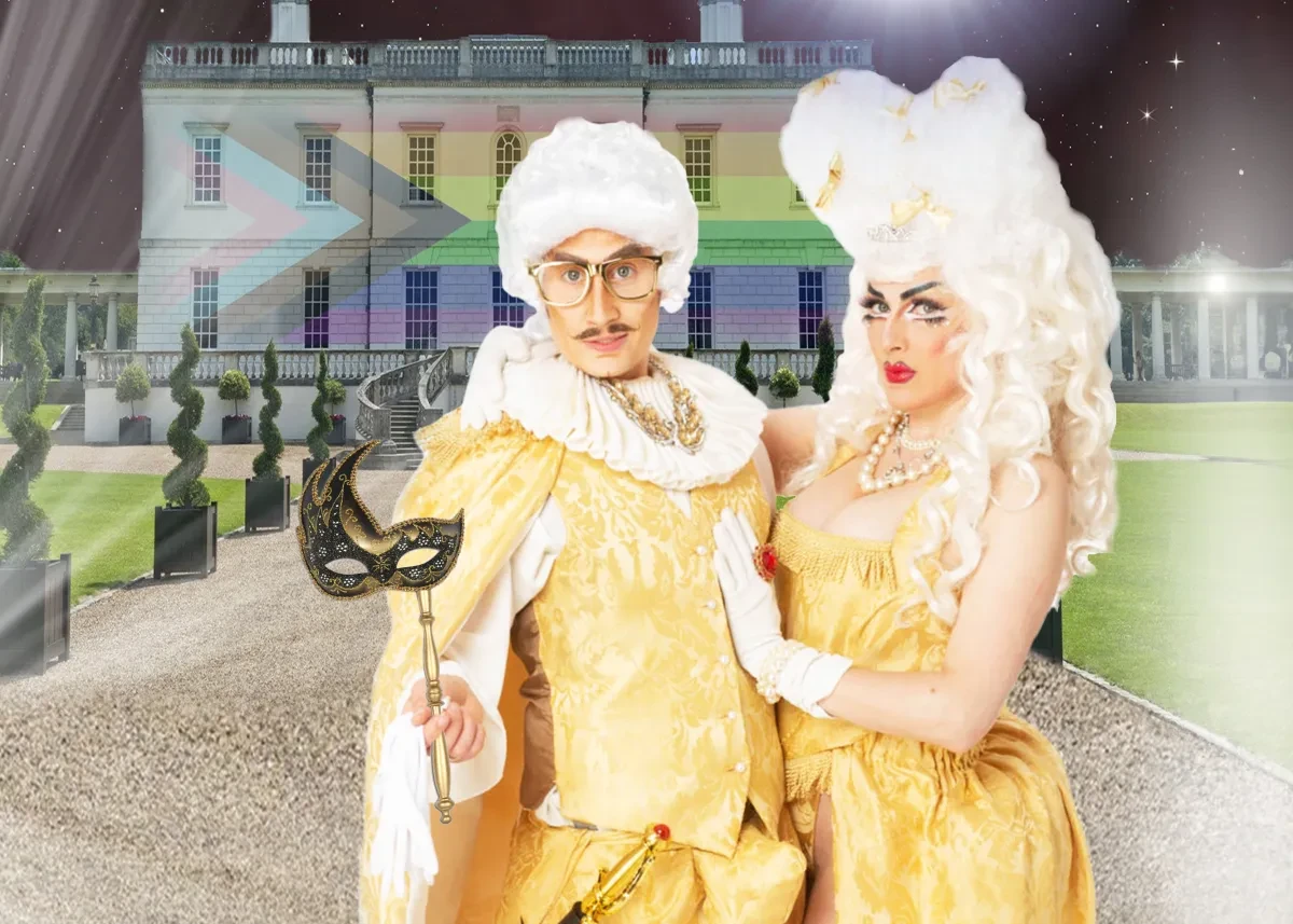 Two drag performers in period costume stand in front of the Queen's House, with a Pride flag superimposed across the front