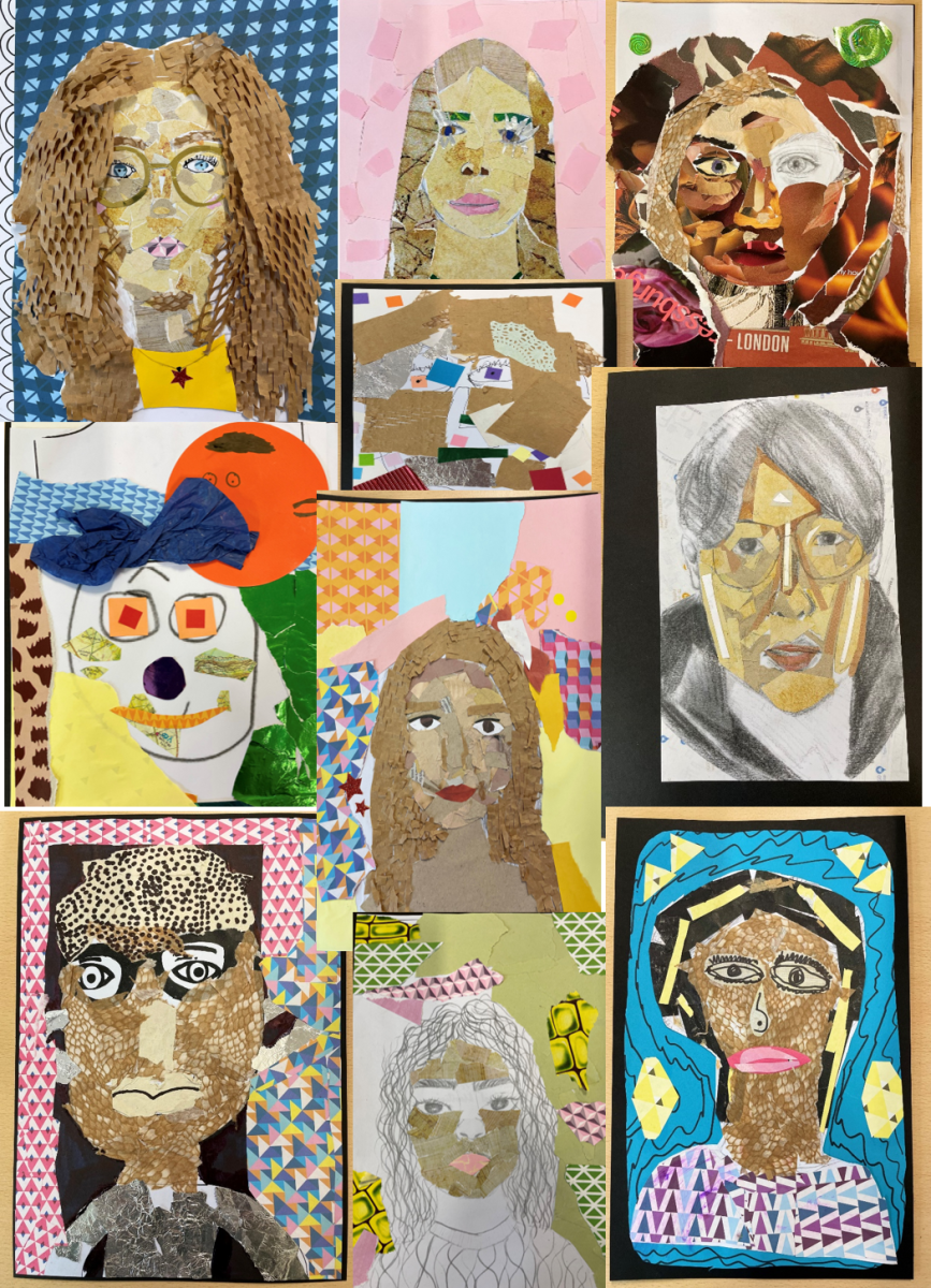 Collection of ten colourful collage self-portraits created by young members of the Saturday Art Club