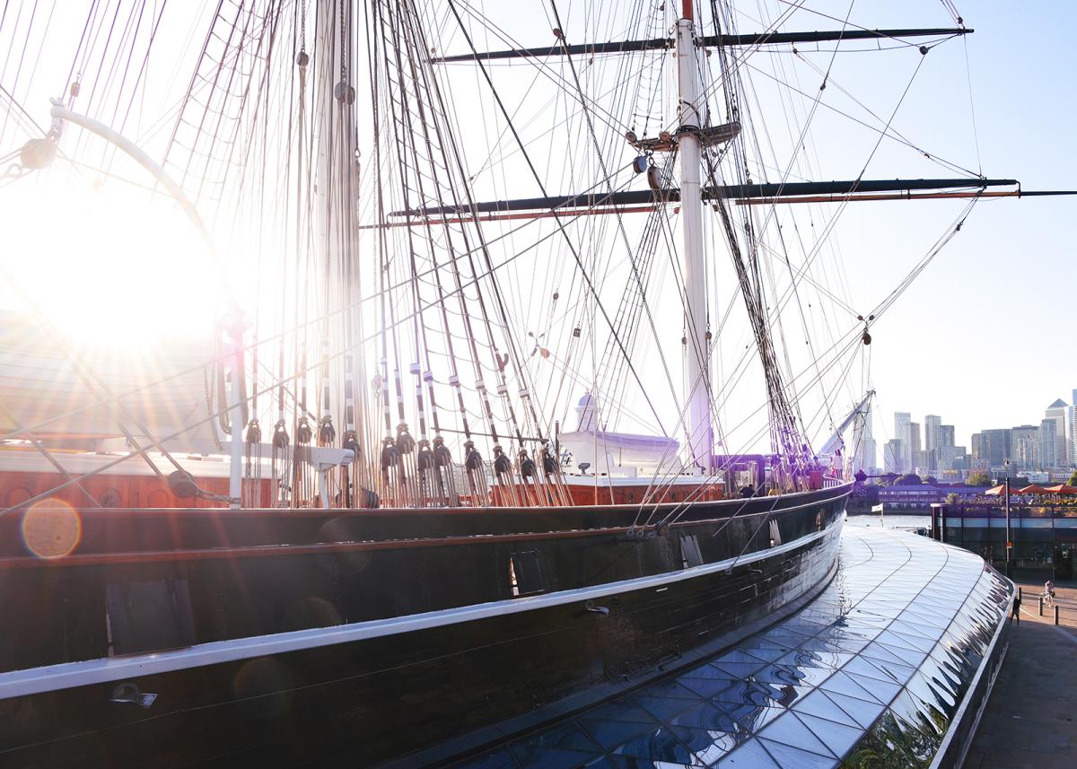 Historic ship Cutty Sark at sunset