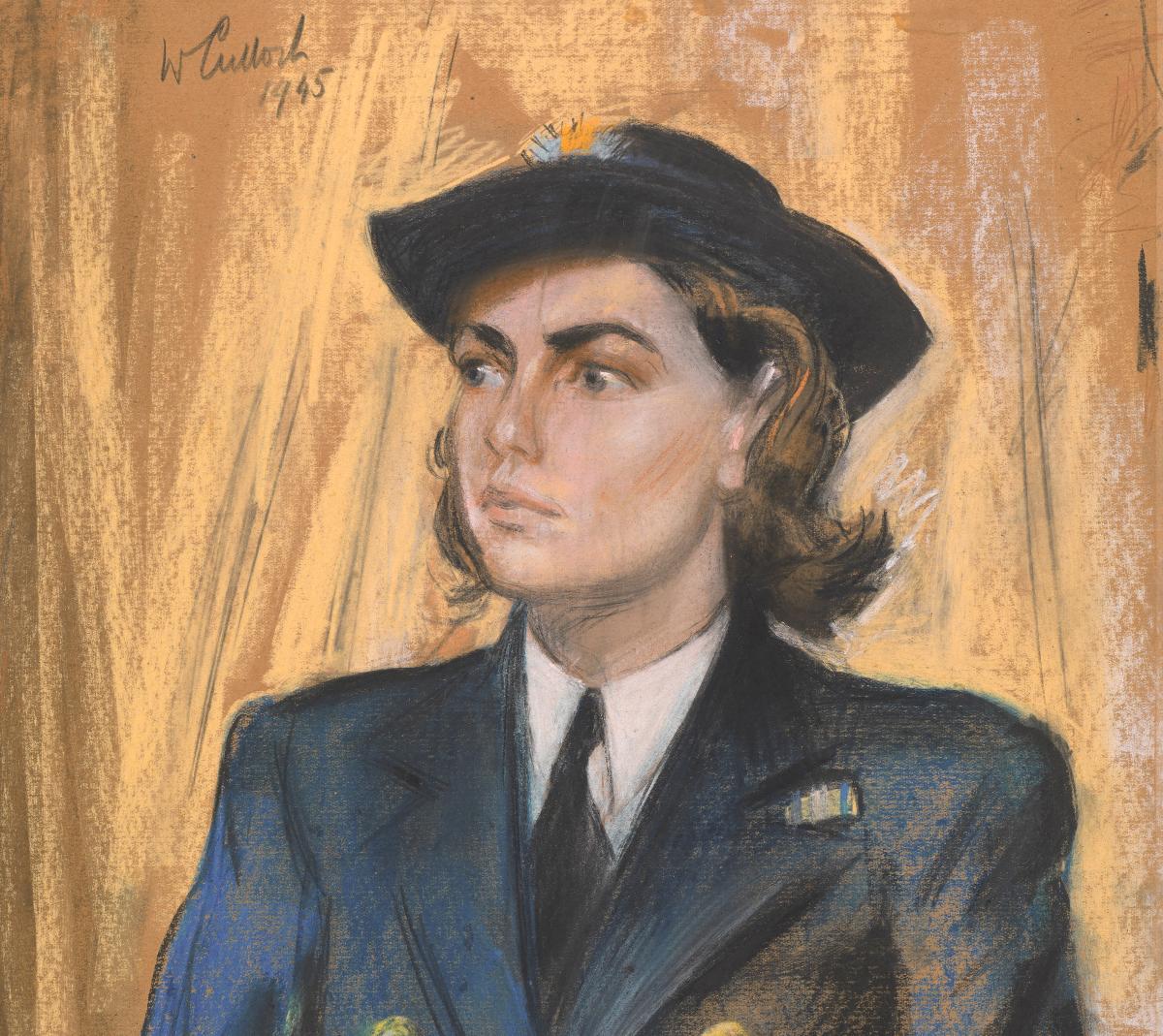 Pastel portrait of a woman looking to the side and wearing a blue naval uniform and hat