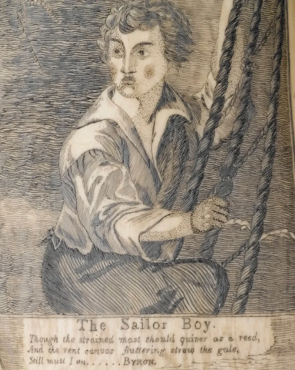 Detail from an engraved whale tooth, showing a sailor climbing a ship's rigging in a storm