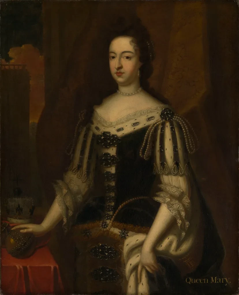 Portrait of Queen Mary II in a dark dress.