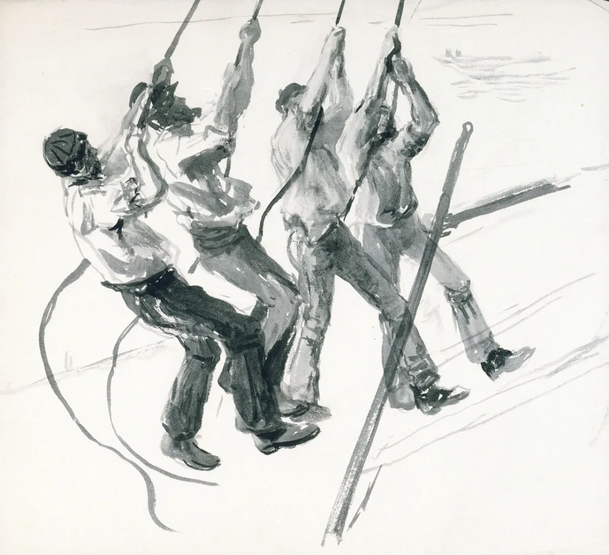 Sketch of four men in a row pulling on ropes