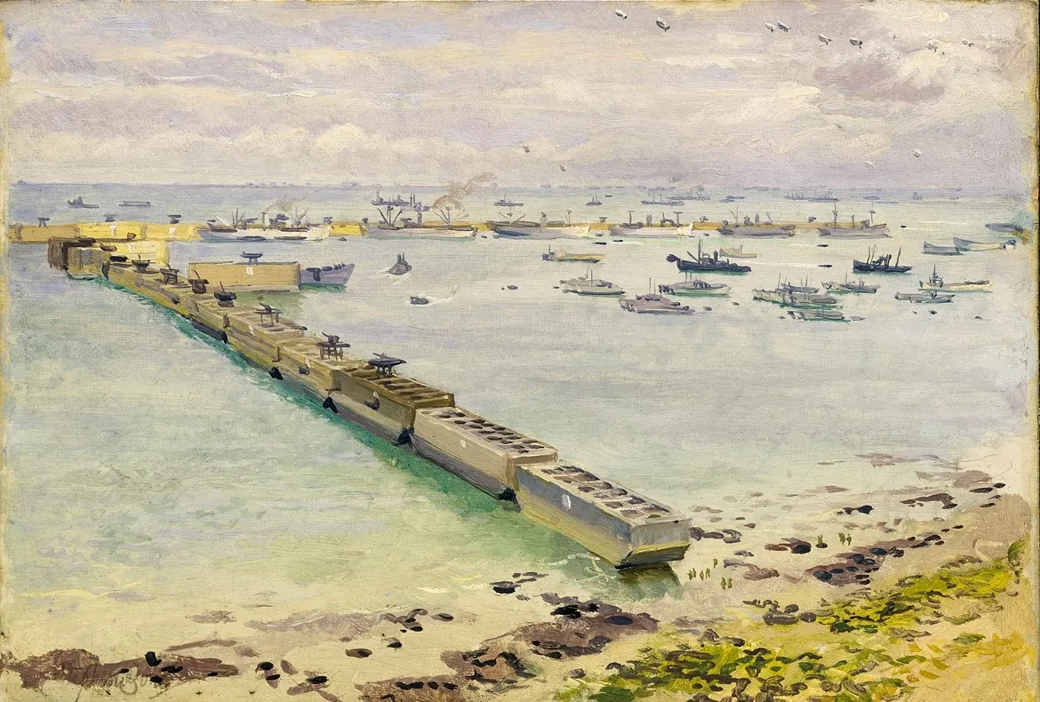 Painting showing the temporary 'Mulberry' harbours used during the invasion of Normandy in June 1944
