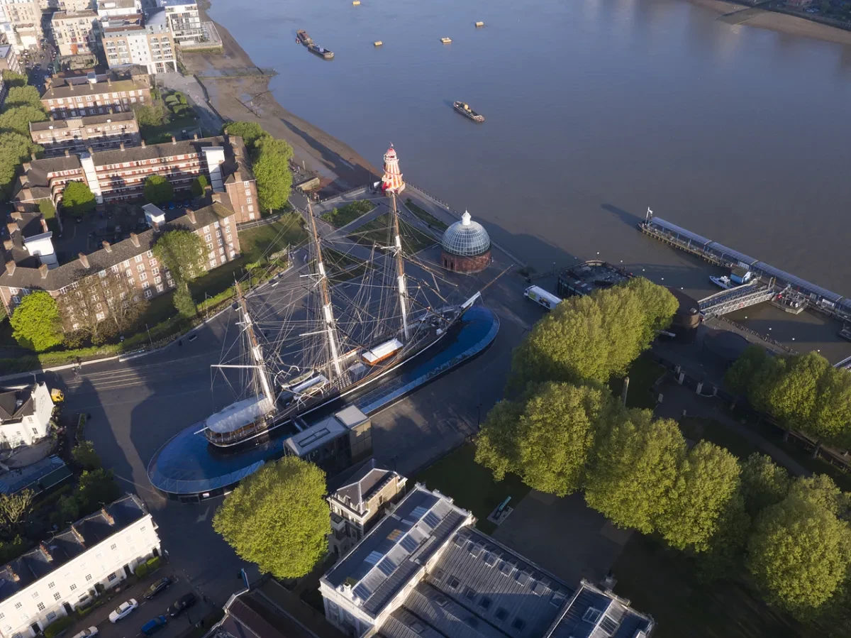 Aerial view of Cutty Sark, Greenwich and the River Thames