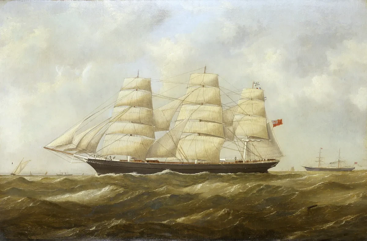 Painting of a three masted ship on a choppy sea with all its sails up