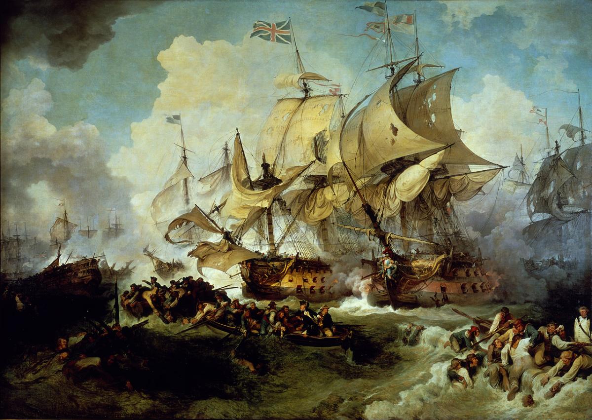 sailing ships of the line engaged in battle, with small boats in the foreground full of men in choppy waters