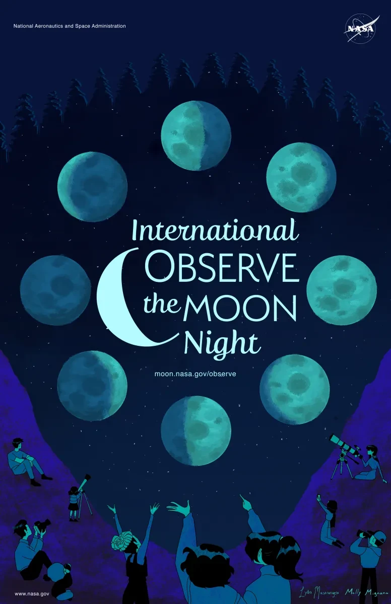 Poster for International Observe the Moon night with that written on text in the middle of the page surrounded by the phases of the Moon. Cartoons of people pointing at the moon and looking through telescopes are around the bottom edges 