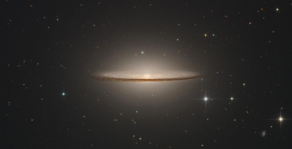 Image of a round galaxy from the side, so that it resembles a very flat disc of gas and dust, in light browns and darker browns. At the centre is a bright yellow orb. It slightly resembles a sombrero which is why it is called the Sombrero Galaxy. Behind in the sky are many stars, with some standing out with points of light spiking off of them.