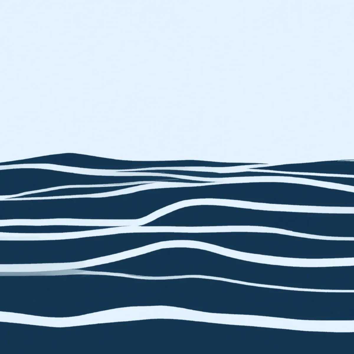 An illustration of dark blue waves and a light blue sky. Flowing lines mark the crests of the waves