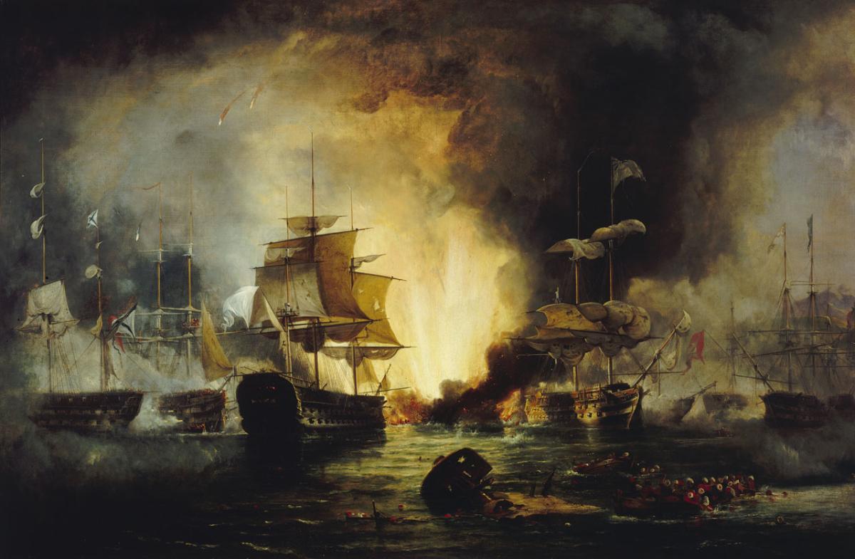 Oil painting depicting the naval battle of Navarino. The scene is dark with warships in silhouette against a fiery yellow sky