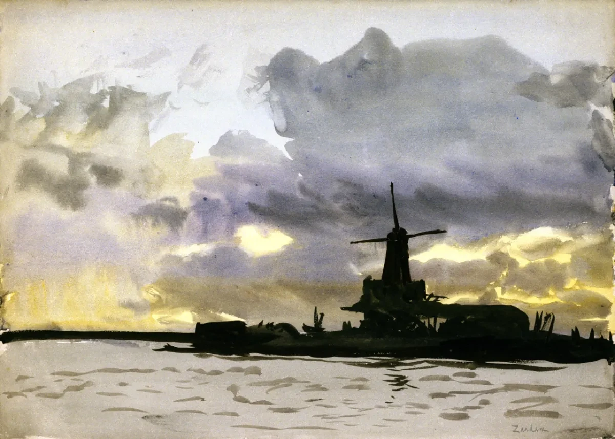 Dramatic watercolour sketch of a windmill next to the sea. The sun is setting, and clouds are gathering behind the silhouette of the windmill