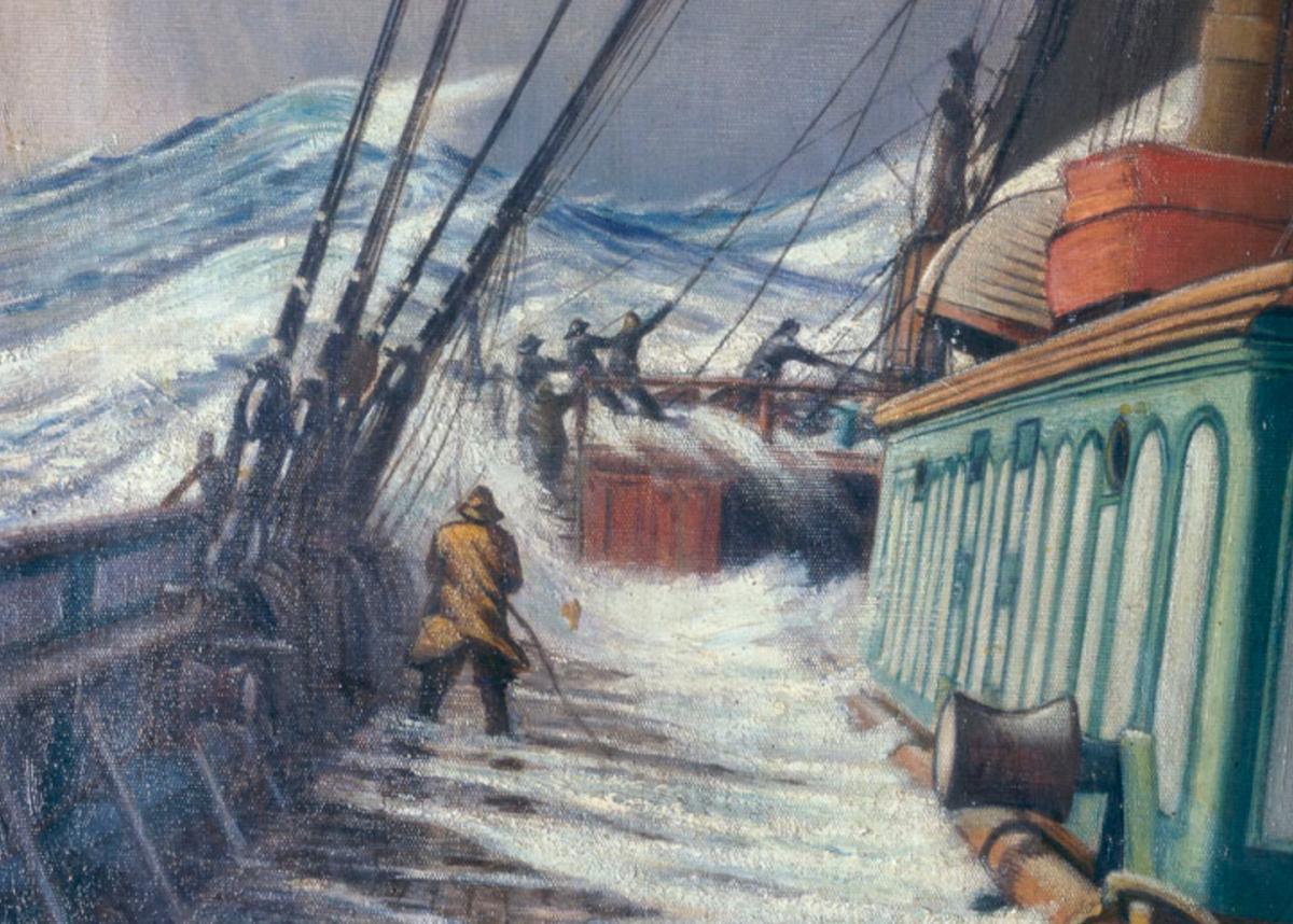 A detail from an oil painting of a scene on board a ship. Waves are crashing over the deck, and sailors are attempting to hold on to the rigging