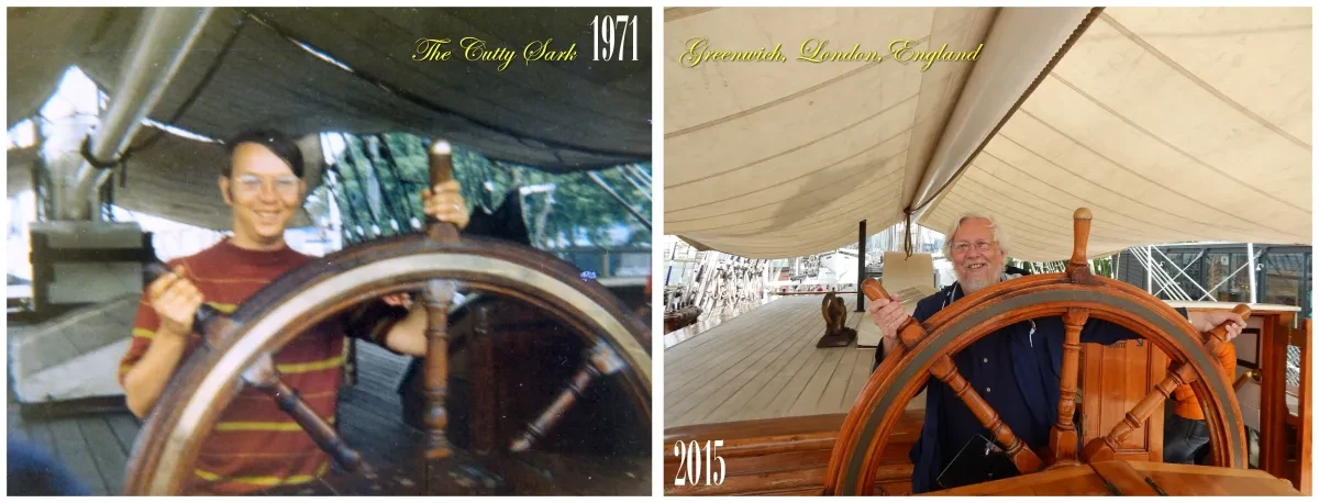 Two photographs - one is a young man holding a ship's wheel, the other is the same setup many years later.
