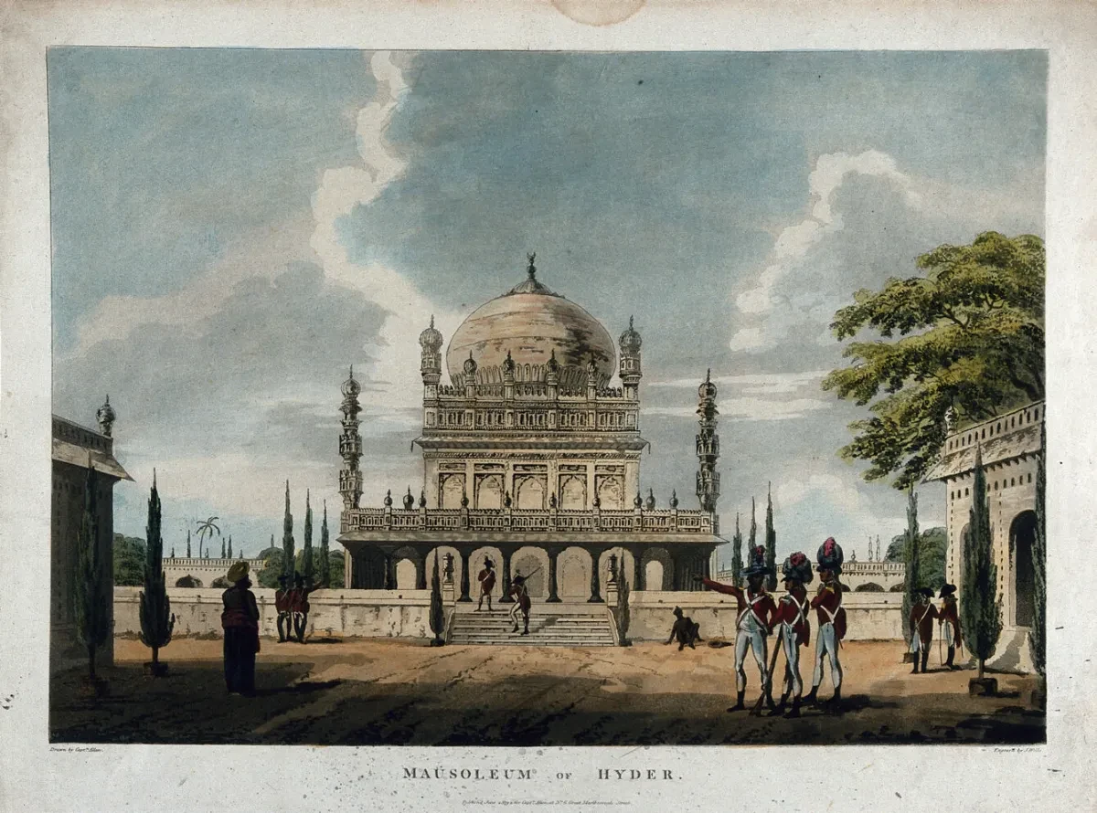Coloured aquatint depicting a white temple
