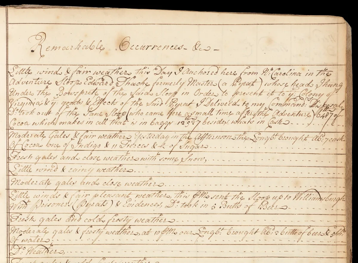 Page from a ship's logbook recording the death of the pirate Blackbeard. A column headed 'remarkable occurrences' is filled out in hard-to-read handwritten notes