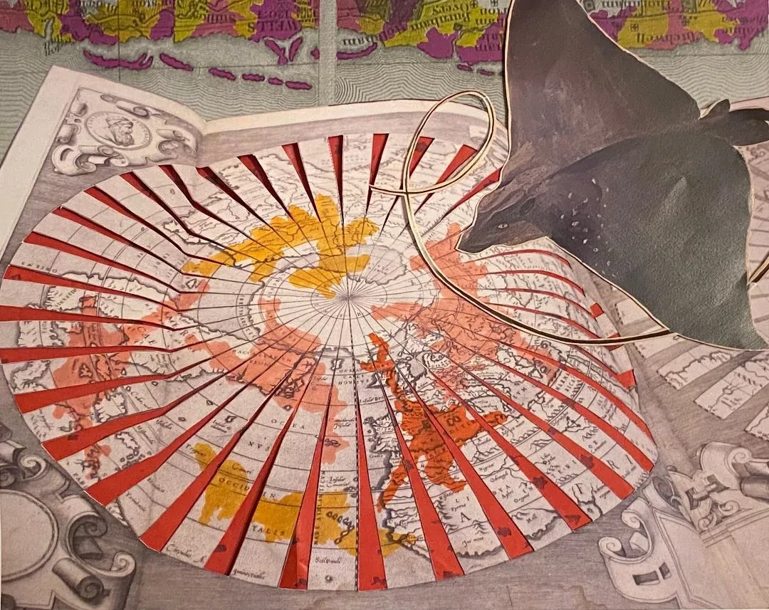 A collaged image showing a round 2-d map of the globe with a stingray in movement over the top right hand corner