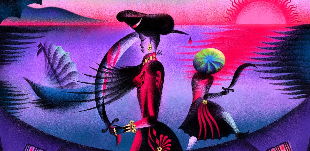 Illustration of pirate queen Zheng Yi Sao at sunrise holding a sword with her back to another pirate