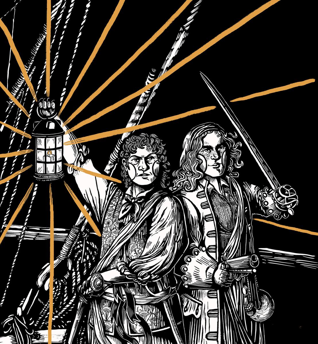 Black and white woodcut style illustration of pirates Anne Bonny and Mary Read standing on the deck of a ship holding a sword and a lantern, which emits orange beams
