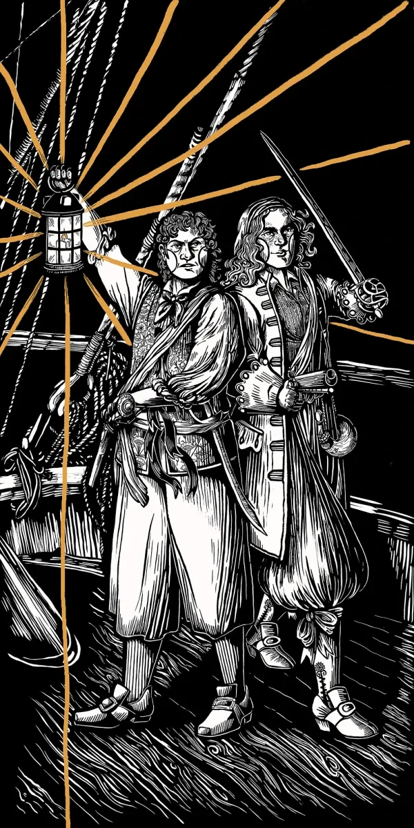 A black and white woodcut style image depicting pirates Anne Bonny and Mary Read standing on the deck of a ship holding a lantern, which emits orange beams
