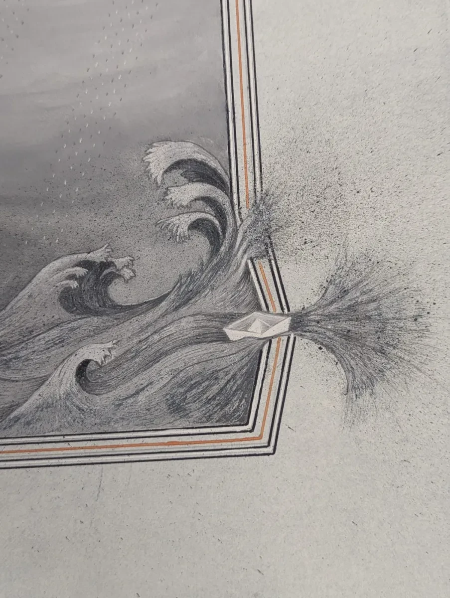 part of a drawing showing a boat sliding out of the frame