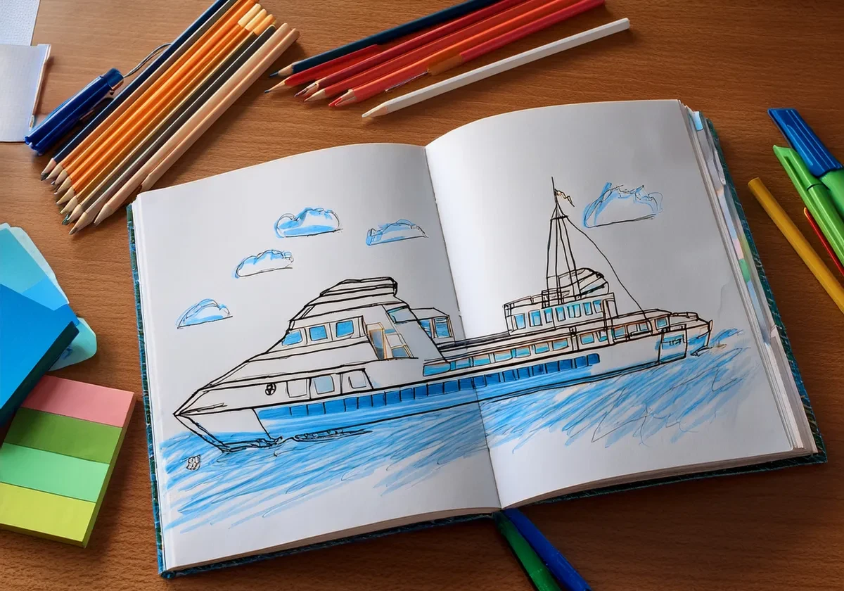 pen sketch of a large river vessel in a book with blue water and blue and white clouds