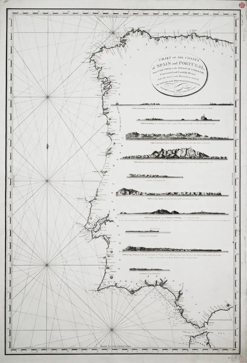 19th century chart of the coasts of Spain and Portugal, from Cape Pinas to the Strait of Gibraltar