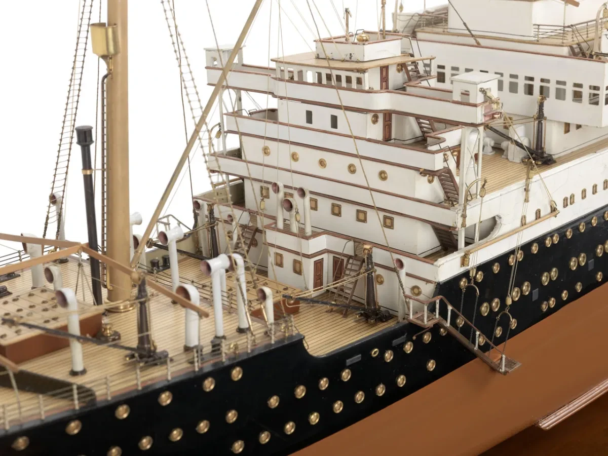 Close up photo of portion of a small model of a passenger steamship