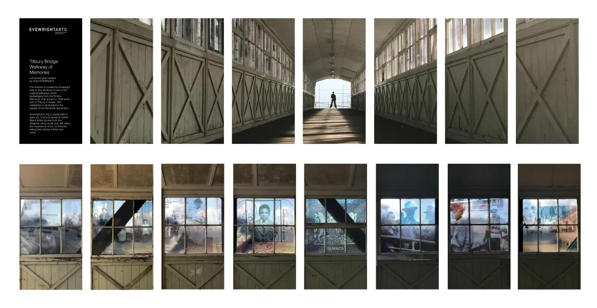 Artist installation with 8 images of a bridge walkway with different windrush symbols in the window panels