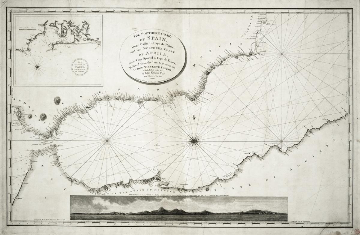 19th century map of the southern coast of Spain, from Cadiz to Cape de Palos, and the northern coast of Africa, from Cape Spartel to Cape de Tenez