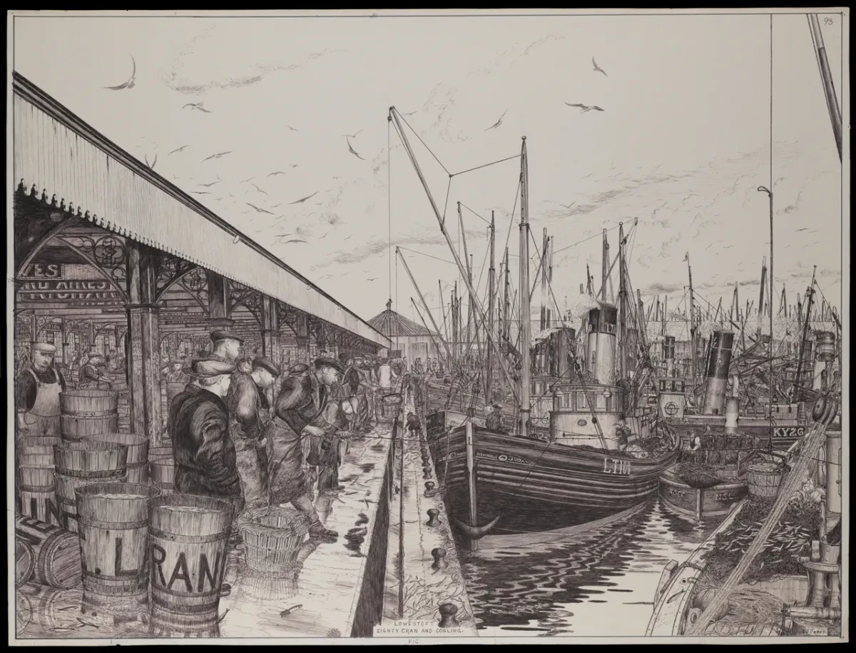 Drawing showing the harbour at Lowestoft with fishing vessels being unloaded