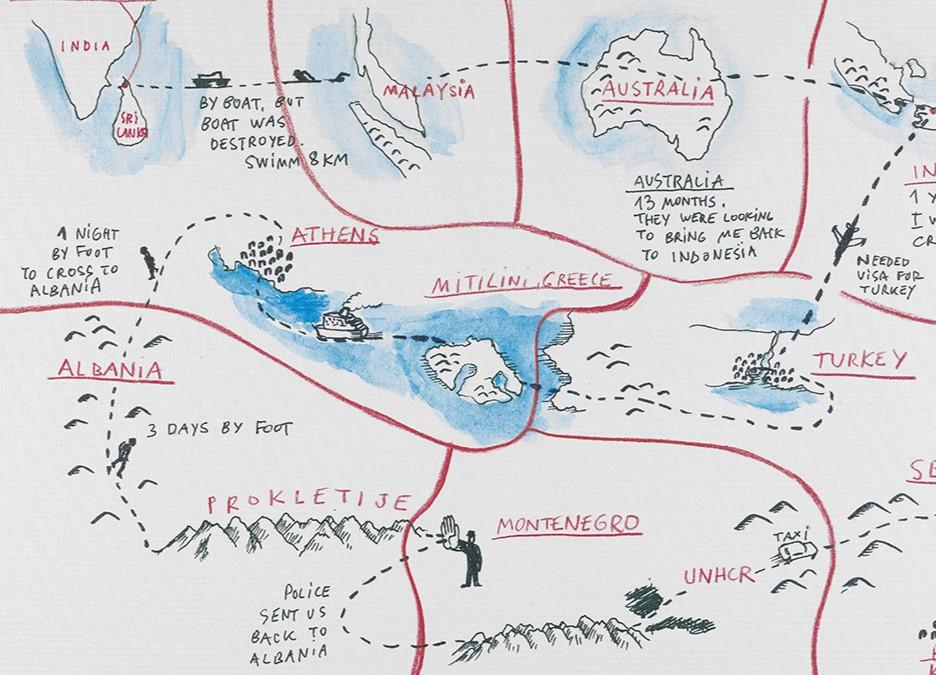 A section of a hand-drawn 'narrative map' documenting a journey from Si Lanka through Malaysia, Australia, Indonesia, Turkey, Greece, Albania, Montenegro, into Serbia