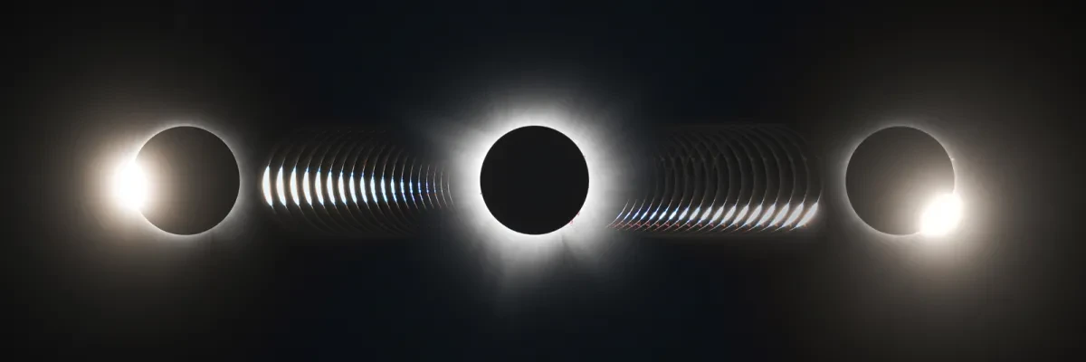 Long photo showing progression of solar eclipse, with baily's beads appearing