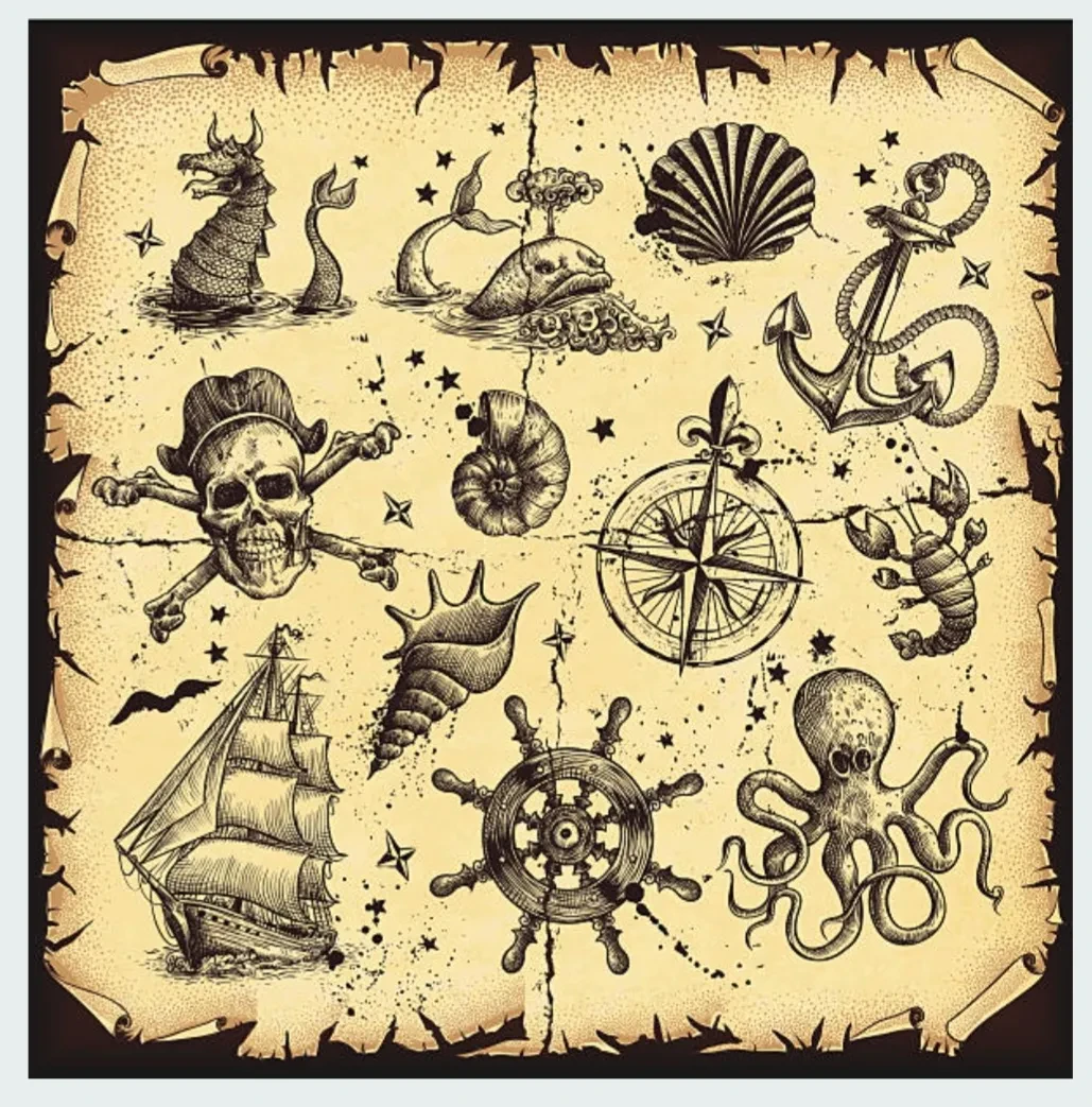 A scroll with drawings of sea creatures and nautical and pirate symbols