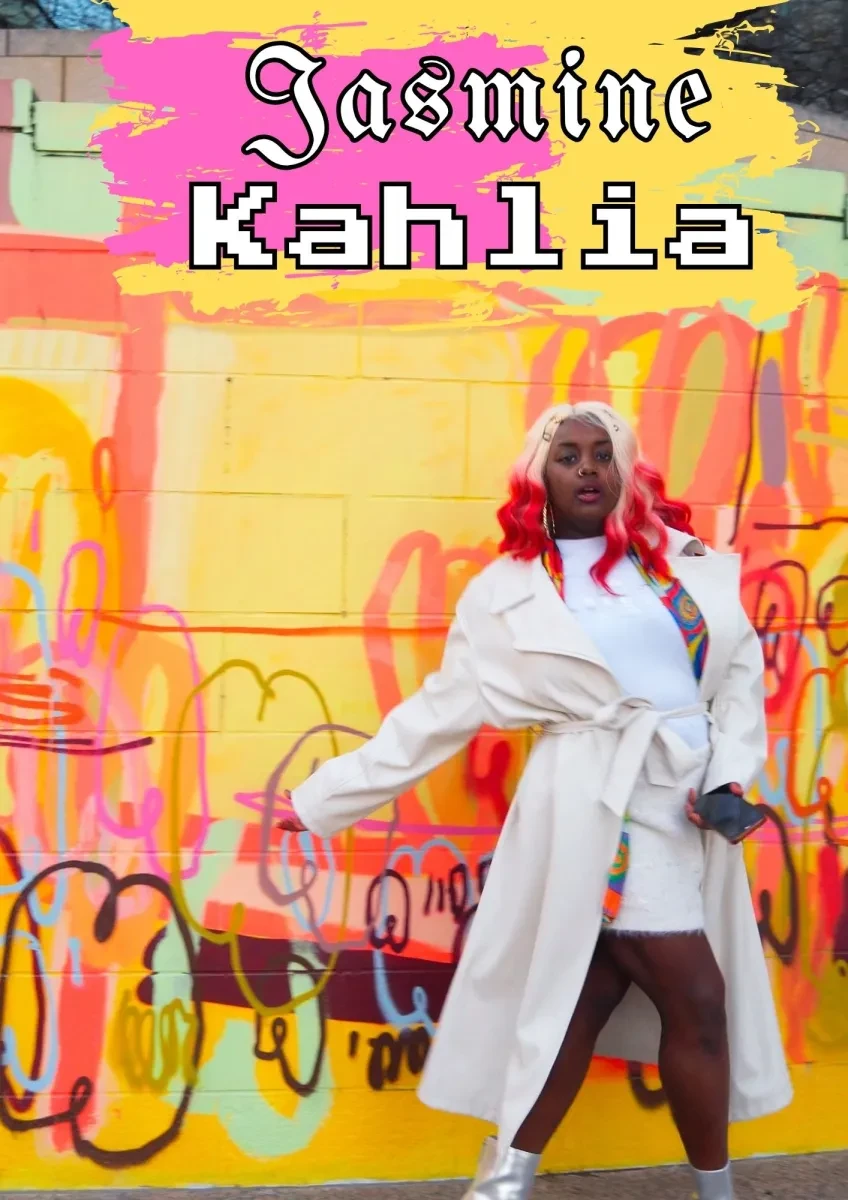 Jasmine Kahlia stands against a yellow and pink background
