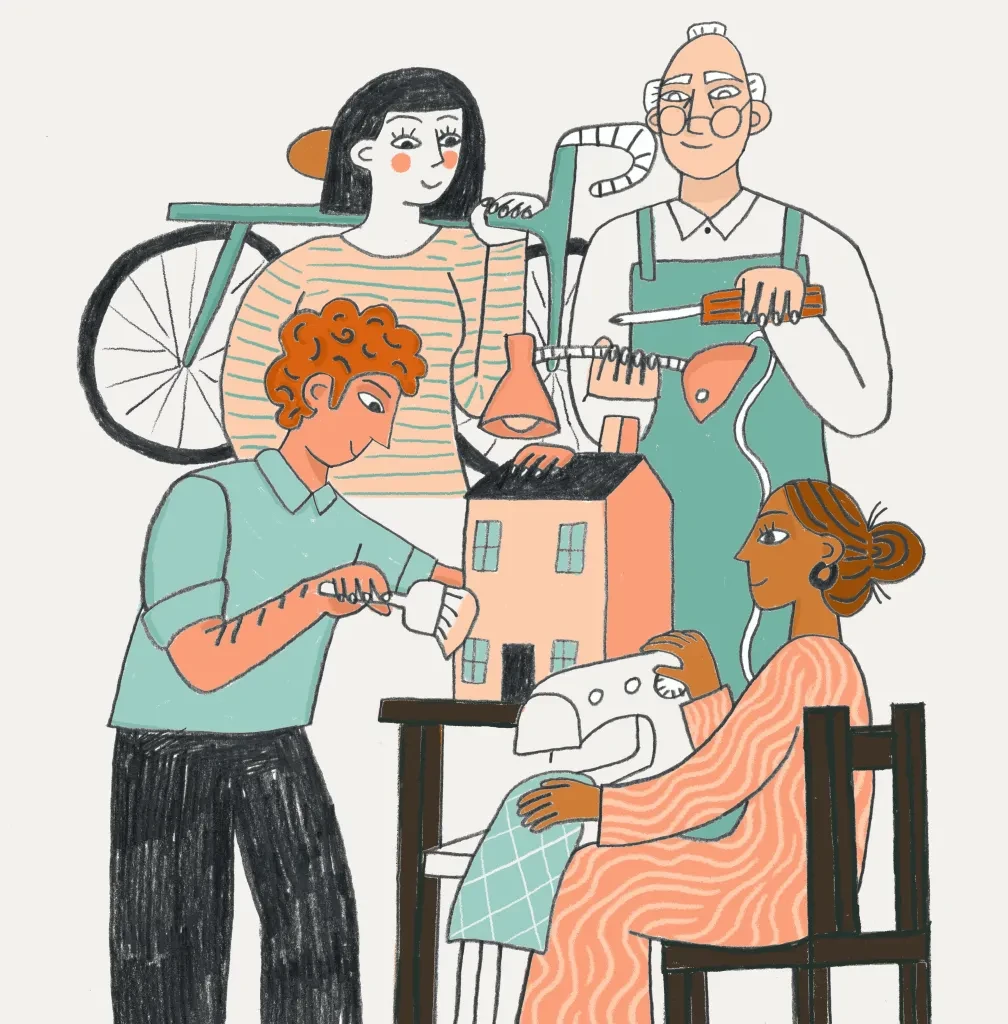 Illustration of a group of people mending items