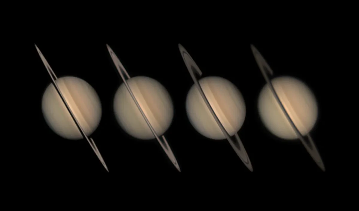 Four images of Saturn and its rings at different times of year.