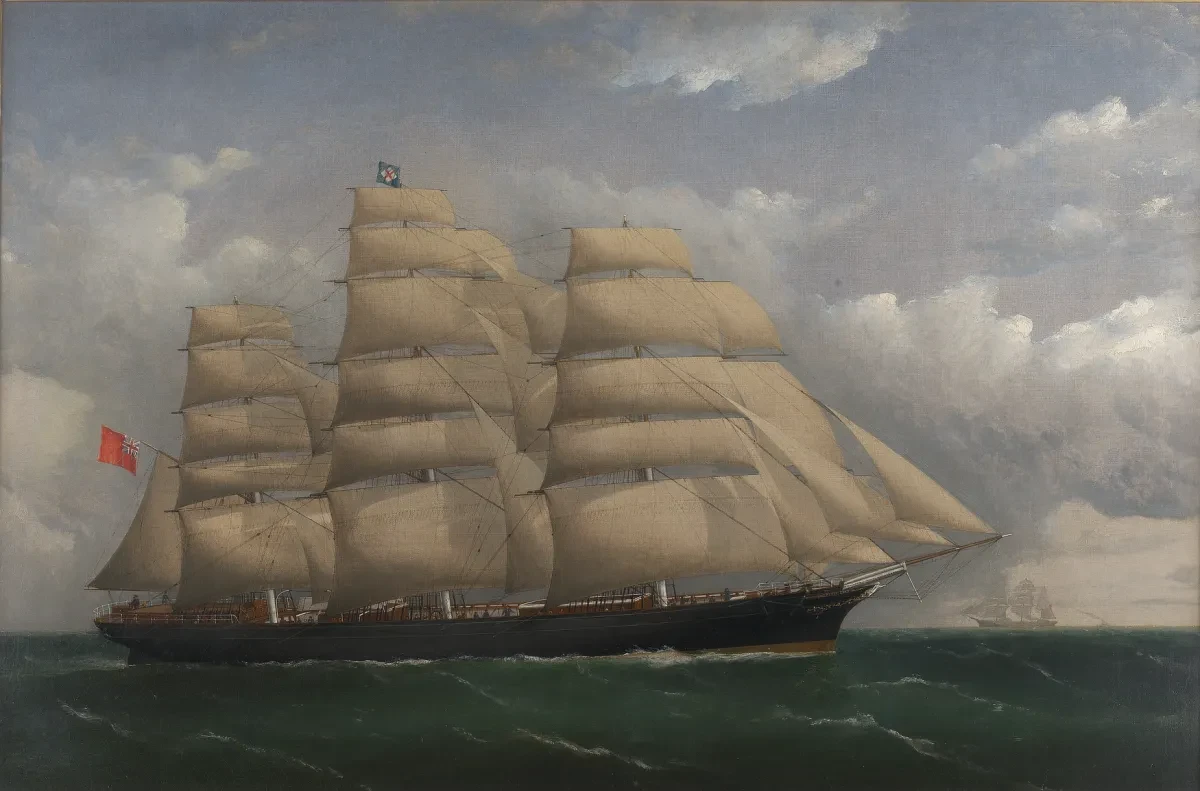 Painting of 'Cutty Sark' under full sail as a tea clipper, signed and dated 1872, bottom right.