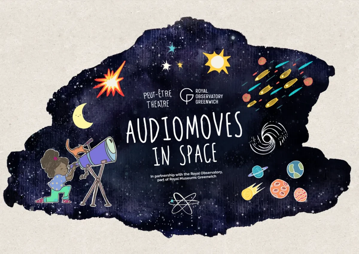 Illustrated image with text that says Audiomoves in space, with illustrations of planets, comets, the moon and a child looking through a telescope