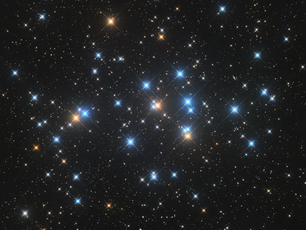 Star cluster filled with blue and gold stars