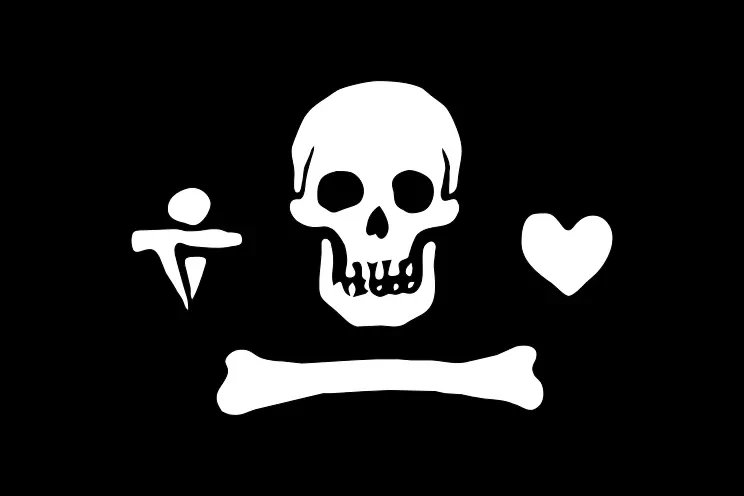 Stede Bonnet pirate flag with skull in between a dagger and a heart over a bone