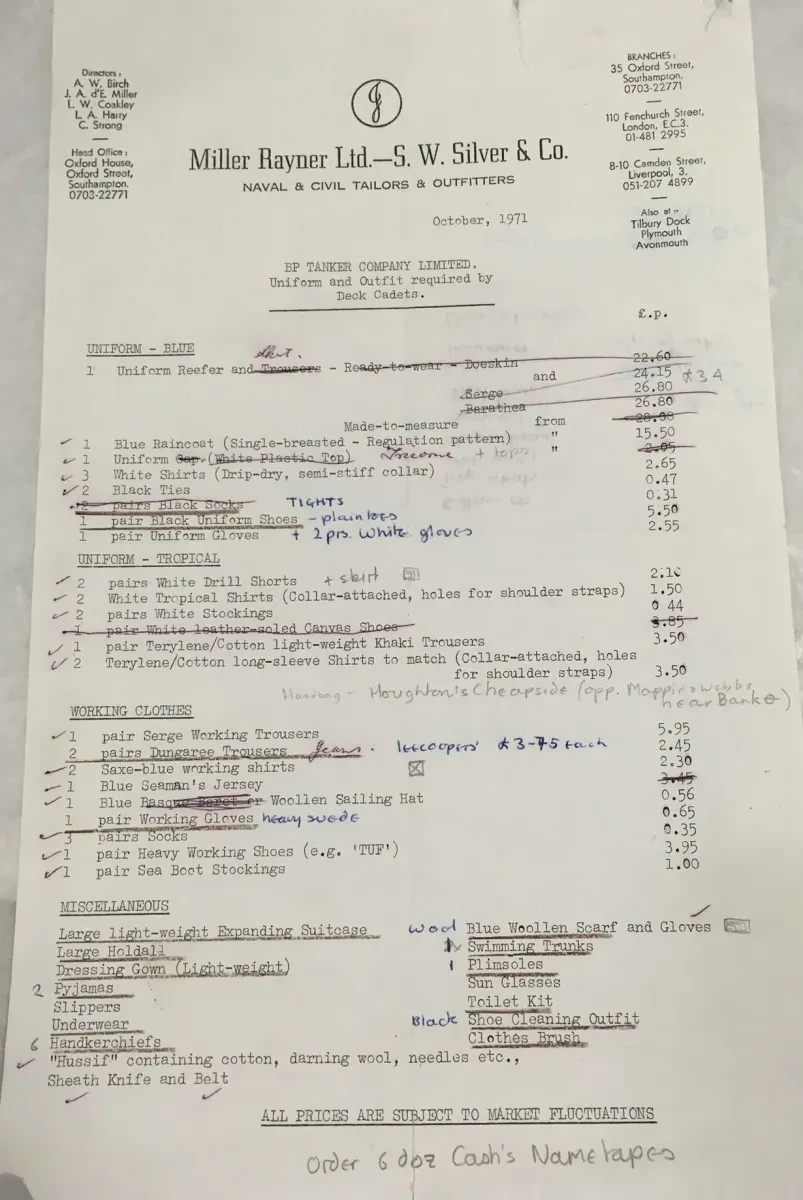 A list of 'uniform items required by deck cadets' for BP Tanker Company Ltd. The list has been annotated and amended in places to make the list more relevant for a woman 