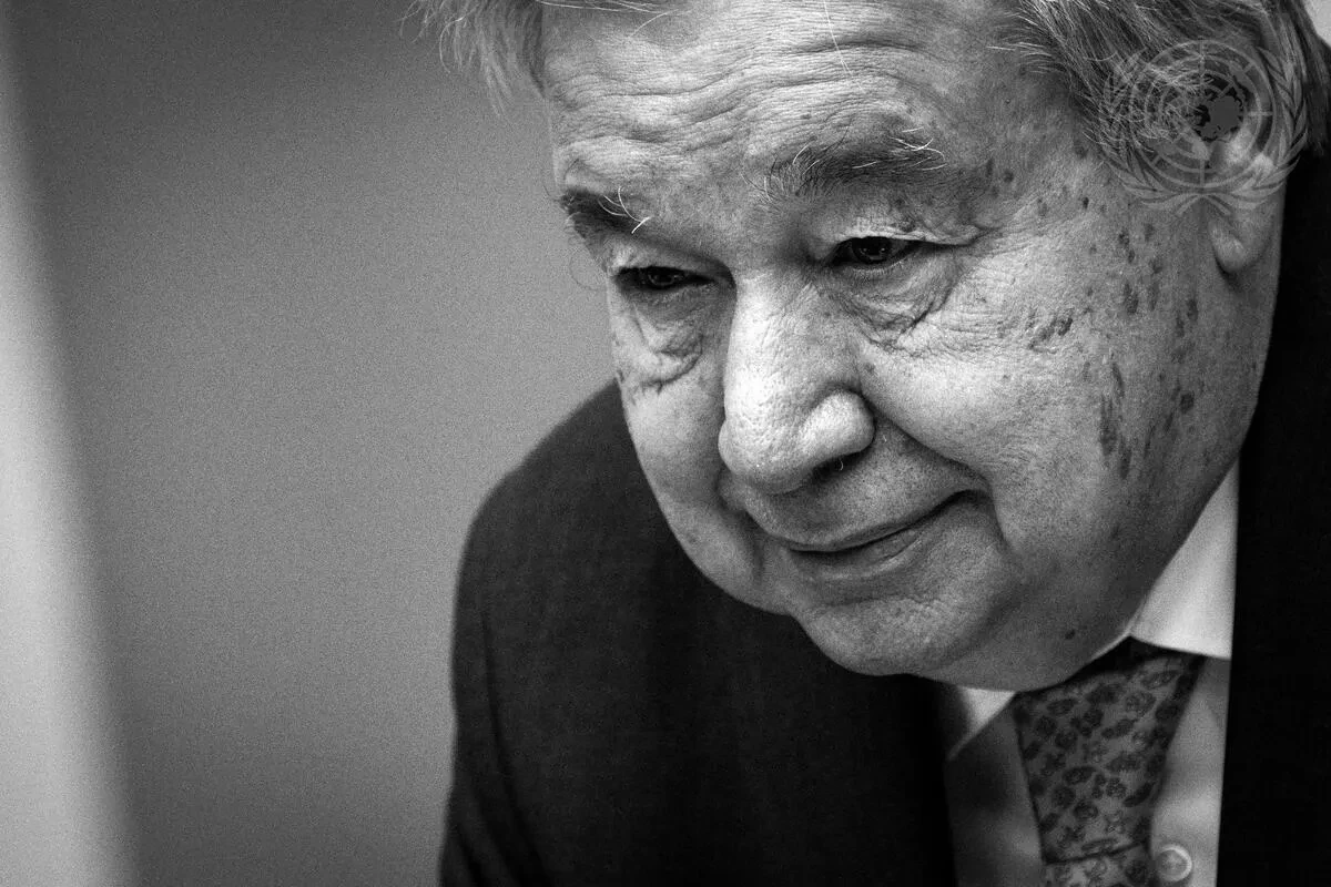 Black and white portrait photograph of United Nations Secretary-General António Guterres