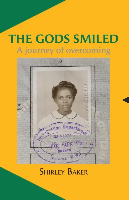 Book cover with a yellow, green and black backgrounds with a black and white image of a young Afro-Caribbean young female with a stamp over the lower edge of the passport picture