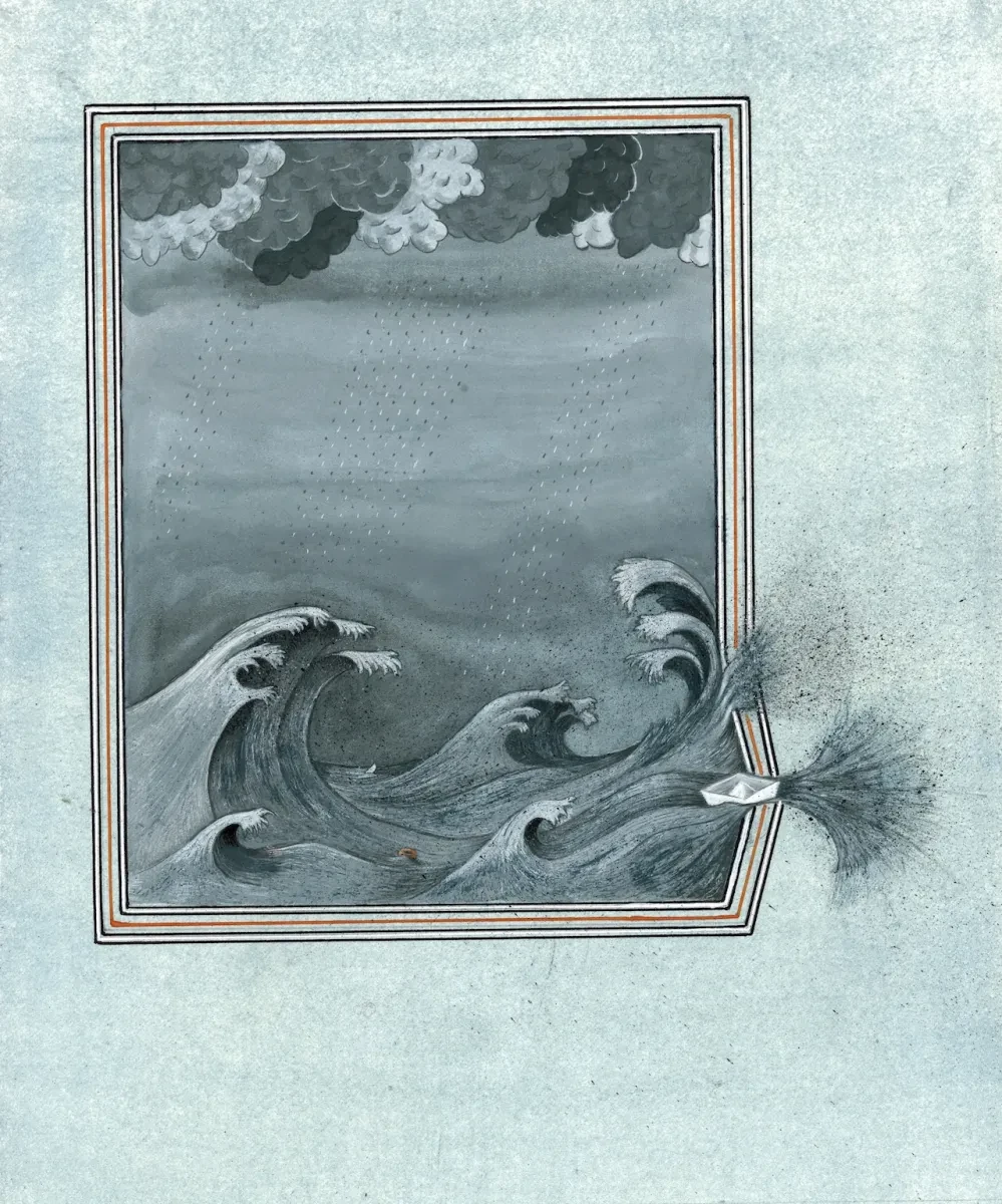 A detailed drawing of a stormy sea scene. A small paper boat is in the right hand corner, breaking out of the frame into the white border around