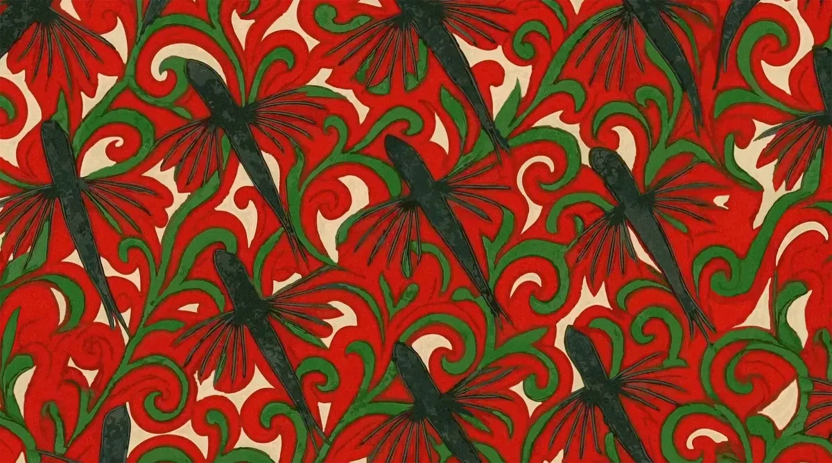 A red fabric pattern with flying fish details