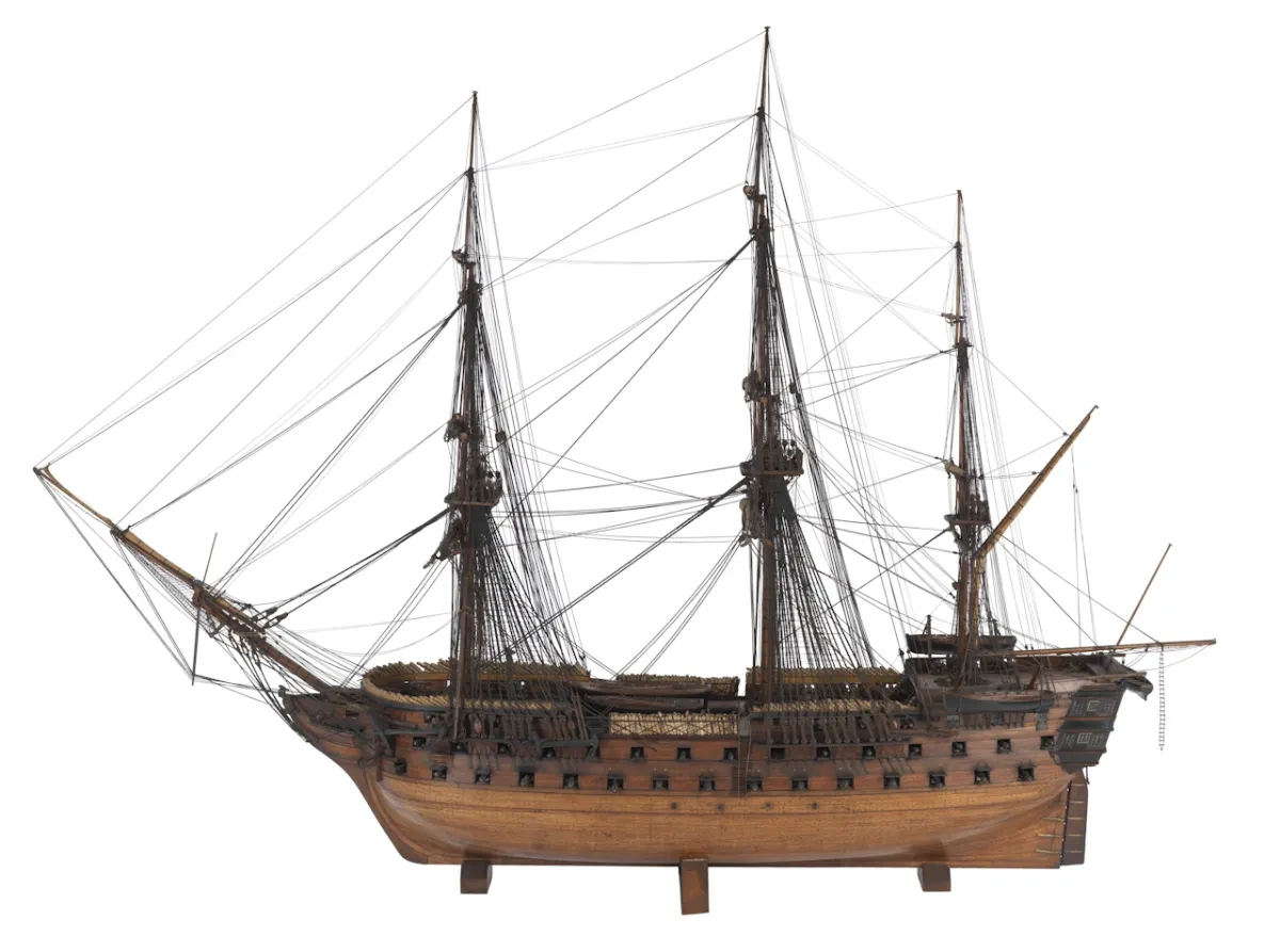 Scale: 1:32. A contemporary full hull plank on frame model of a 74-gun third-rate ship (circa 1813–17), fully rigged including the sails stowed on the yards. This large scale and highly detailed model